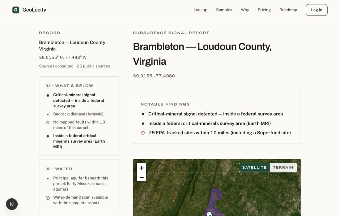 The GeoLocity sample report for Brambleton, Loudoun County, Virginia on a laptop: title, the four-chapter scorecard, notable findings, and the satellite map
