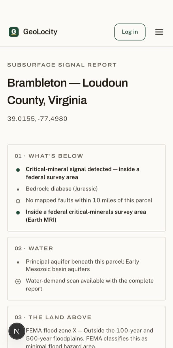 The GeoLocity sample report on a phone: title and the four-chapter scorecard